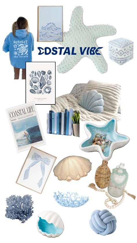 I put blue and teal so it’s looks cute Costal Grandma Aesthetic Room, Beachy Dorm Room, Grandma Room, Beachy Dorm, Dream Decorations, Collage Dorm Room, Birthday Baskets, Costal Bedroom, Coastal Room Decor