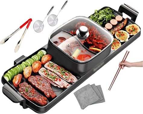 ​​﻿​Amazon.com : Soup N Grill V2 Hotpot Grill Combo, Indoor Korean BBQ, Shabu Shabu Electric Hot Pot with Divider, Portable with Free Strainer Scoops, Extra Long Chopsticks, Tongs, Cloths, Smokeless Grill : Home & Kitchen Electric Barbecue Grill, Barbecue Machine, Electric Bbq Grill, Electric Hot Pot, Electric Griddle, Shabu Shabu, Indoor Grill, Electric Grill, Korean Bbq