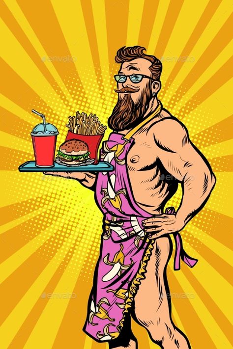 Sexy male waiter fast food restaurant. Comic cartoons pop art retro vector illustration kitsch drawing Pop Art Restaurant, Food Pop Art, Sandwich Art, Restaurant Illustration, Pop Art Costume, Burger Cartoon, Pop Art Party, Pop Art Food, Retro Vector Illustration