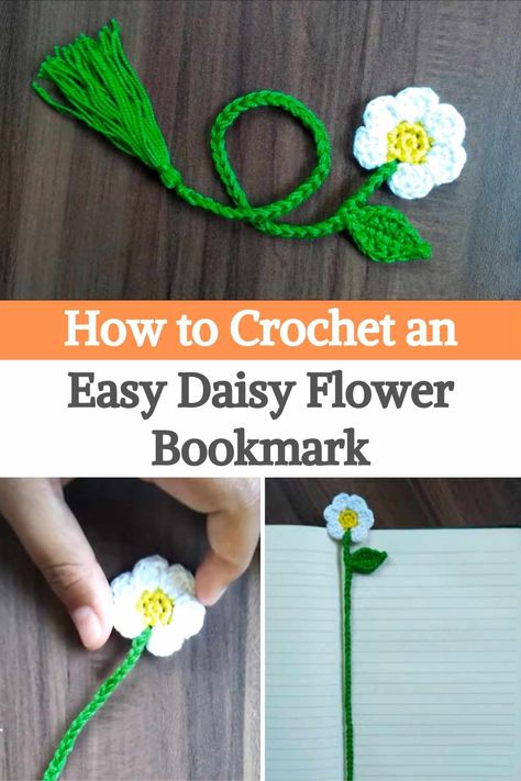 Crochet Daisy Bookmark Pattern Free, Bookmark Ideas Diy, Crochet Bookmark Tutorial, Daisy Bookmark, Baby Bonnet Crochet Pattern, Easy Crochet Bookmarks, A Daisy Flower, Puff Stitch Crochet, Quick Crochet Projects