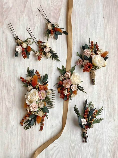 Cinnamon Boutonniere, Burnt Orange Wedding, Burnt Orange Weddings, Hair Wreaths, Fall Wedding Flowers, Flower Hair Comb, Wedding Hair Flowers, Orange Wedding, Fall Accessories