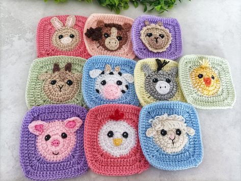 Crochet Animal Granny Square Blanket, Sheep Granny Square Free Pattern, Applique Granny Square, Free Crochet Applique Patterns Animals, Goat Granny Square, Crochet Cow Cardigan, Animal Crochet Granny Squares, Best Granny Squares, Pig Granny Square