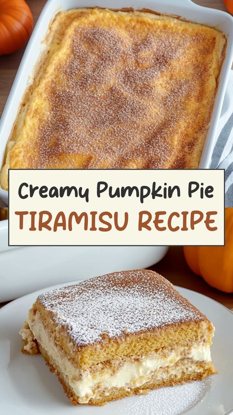 Indulge in the perfect blend of fall flavors with this luscious pumpkin pie tiramisu recipe. Layers of creamy mascarpone cheese, spiced pumpkin puree, and espresso-soaked ladyfingers create a dessert that's sure to impress. Whether you're hosting a holiday gathering or simply treating yourself, this twist on a classic Italian dessert is ideal for any occasion. Easy to make and even easier to enjoy, you'll love the rich taste and delightful aroma of this seasonal treat. Pumpkin Spice Tiramisu Recipe, Pumpkin Pie Tiramisu, Pumpkin Tiramisu Recipe, Fall Tiramisu, Pumpkin Tiramisu, Creamy Pumpkin Pie, Pumpkin Custard, Best Pumpkin Pie, Italian Dessert