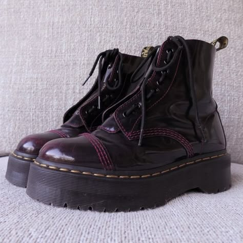 Dr. Marten's Cherry Red Arcadia Sinclair Boots Red Platform Doc Martens, Cool Doc Martens, Cute Doc Martens, Red Combat Boots Outfit, Shiny Doc Martens, Cherry Doc Martens, Cherry Red Docs, Cherry Red Doc Martens, Doc Martens Sinclair