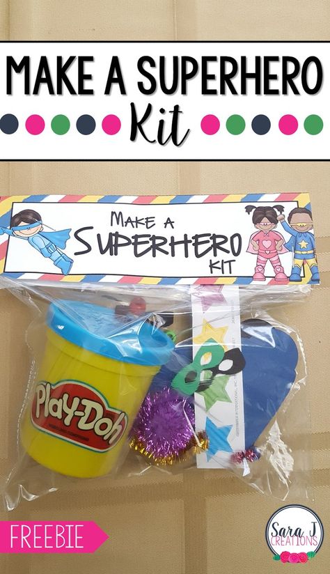 Make a Superhero kit includes a FREE printable bag topper for you. Add some playdough and decorations and you are ready to make some superheroes. Makes the perfect superhero themed birthday goody bag and fine motor practice. #superhero #birthdays #crafts #diy #finemotor #sarajcreations Make A Superhero Kit, Marvel Goodie Bags, Super Hero Party Games For Kids, Superhero Goody Bag Ideas, Super Hero Party Favor, Super Hero 4th Birthday Party Ideas, Superhero Playdough, Birthday Goodie Bags For School, Spiderman Goodie Bags