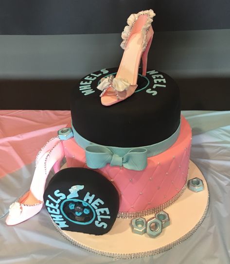 Baby reveal cake - Confetti Cake flavors with the color of buttercream revealing gender of baby.  Heels and lug nuts made from gum paste. Gender Of Baby, Baby Heels, Baby Reveal Cakes, Cake Confetti, Confetti Cake, Baby Reveal, Cake Flavors, Baby Gender, Gum Paste