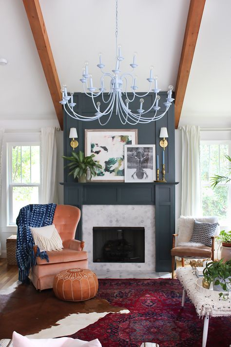 Benjamin Moore Hidden Falls mantel Mantle Art Decor, Green Mantel, Quirky Living Room, Eclectic Spaces, Nashville House, Living Room Reveal, Eclectic Living, Eclectic Living Room, Rooms Reveal