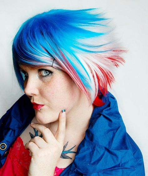 red white and blue hair | Celebrate in Style: 7 DIY Red, White & Blue Do’s Patriotic Hairstyles, Red White Blue Hair, White Blue Hair, Red White And Blue Hair, White And Blue Hair, Organic Hair Color, Dip Dye Hair, Hair Patterns, Ombre Color