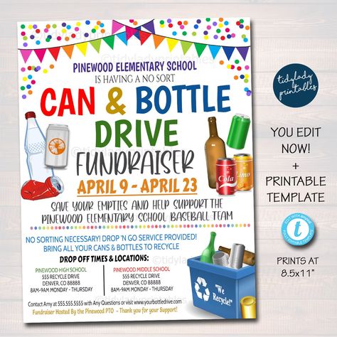 Can and Bottle Drive Fundraiser Flyer Printable Pta Pto School Church Recycling Fundraiser Event Team Sports Charity EDITABLE TEMPLATE - Etsy Cute Fundraising Ideas, Team Fundraising Ideas, Fundraising Ideas For Sports, Charity Fundraising Ideas, Ptsa Ideas, Unique Fundraising Ideas, Parent Appreciation, School Council, Drive Poster