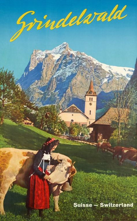 Vintage posters – Galerie 1 2 3 Field With Mountains, Cow In A Field, Grindelwald Switzerland, Swiss Travel, Tourism Poster, Railway Posters, Retro Travel Poster, Switzerland Travel, A Cow