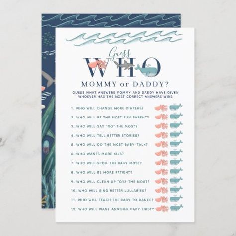 $ 2.8 | Mommy or Daddy Game Under the Sea Baby Shower - mommy or daddy game, under the sea, watercolor, cute, elegant, matching set, whale, shark, guess who, baby shower game Underwater Mural, Sea Baby Shower Theme, Ocean Baby Shower Theme, Ocean Baby Showers, Lumberjack Baby Shower, Sea Watercolor, Sea Baby Shower, Nautical Baby Shower, Boy Decor