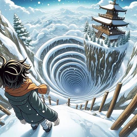 anime manga story illustration with the character in snow looking up at a spiral mountain with a shrine atop the mountain extreme skewed perspective from a high angle - Image Creator from Microsoft Designer High Angle Perspective, Extreme Perspective, Story Illustration, Camera Composition, Manga Story, Mountain High, High Angle, Create Sign, Create Image