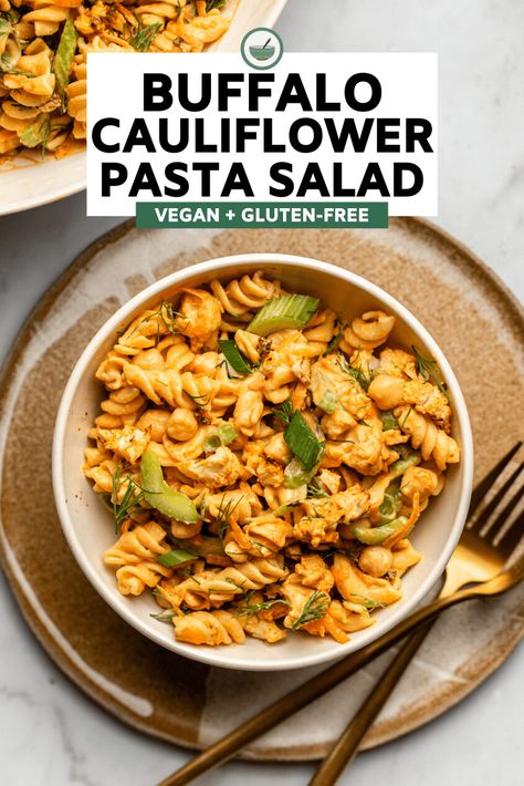 This Buffalo Cauliflower Pasta Salad is packed with roasted cauliflower, chickpeas, and crunchy veggies for a creamy, slightly spicy, and yummy dish! Buffalo Pasta Salad, Cauliflower Pasta Salad, Buffalo Pasta, Vegan Buffalo Cauliflower, Crunchy Veggies, Cauliflower Pasta, Vegan Pasta Recipes, Buffalo Cauliflower, Vegan Side Dishes