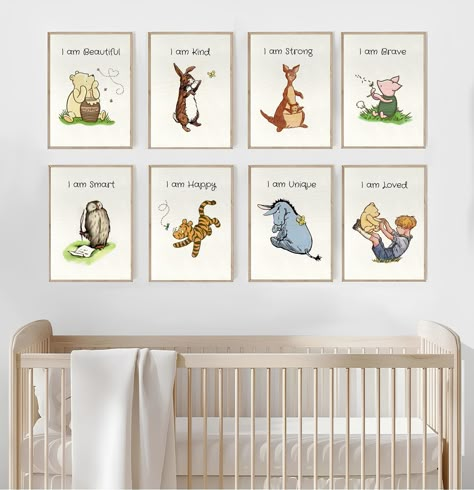 ✨SET OF 8 CLASSIC WINNIE THE POOH AFFIRMATION ART PRINTS ✨ * Classic Minimalistic Winnie the Pooh Illustrations of the Main Favorite Characters with Affirmation Quotes  * Has a Textured Paper Look  ✨Why Choose Our Art Prints: * Elevate your child's room with high-quality artwork.  * Delight in the enchanting themes and vivid colors designed to captivate young hearts. * Perfect for nurseries, playrooms, or bedrooms, and makes a thoughtful gift for baby showers or birthdays. * Your purchase suppor Winnie The Pooh Wall Decor, Winnie The Pooh Themed Nursery, Classic Winnie The Pooh, Pooh Bear Nursery, Winnie The Pooh Nursery Painting, Winnie The Pooh Nursery Prints, Classic Winnie The Pooh Nursery Walmart, Winnie The Pooh Wall Stickers, Winnie The Pooh Baby Room Pottery Barn Kids