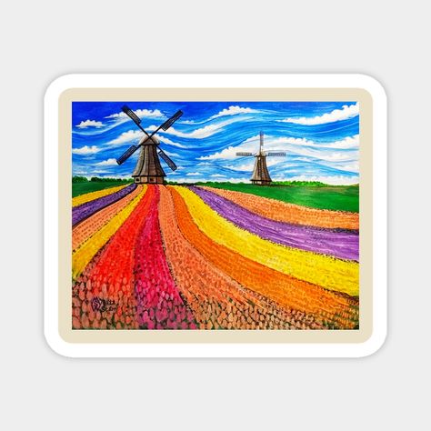 This is my painting of a tulip farm in Holland. It includes two windmills among the rows of tulips growing on the farm. I painted the clouds in the sky to give the appearance of a windy day. -- Choose from our vast selection of magnets to match with your desired size to make the perfect custom magnet. Pick your favorite: Movies, TV Shows, Art, and so much more! Available in two sizes. Perfect to decorate your fridge, locker, or any magnetic surface with. Holland Tulips, Tulip Farm, Windmill Art, Holland Art, Clouds In The Sky, Fall Art Projects, Spring Projects, Spring Art, Windy Day