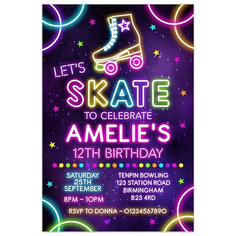 Neon Roller Skating Birthday Party Invitations for Girls - Roller Rink Skate Party Invites - 10 Personalised Cards with Envelopes : Amazon.co.uk: Handmade Products Skating Rink Birthday Party, Roller Skate Party Ideas Girl Birthday, Roller Skate Party, Roller Skating Birthday Party Invitations, Roller Skate Birthday Party, Skate Birthday Party, Roller Skate Birthday, Roller Rink, Roller Skating Party