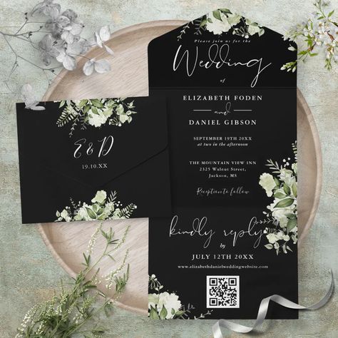 Black And White Greenery QR Code Monogram Wedding All In One Invitation Wedding Invitation Simple, Country Garden Wedding, Rsvp Online, Country Garden Weddings, Budget Wedding Invitations, Black And White Wedding Invitations, Script Calligraphy, White Wedding Invitations, Black Wedding Invitations