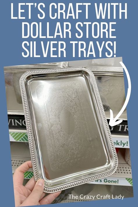 Dollar Tree Mini Tray Ideas, Dollar Tree Metal Tray Ideas, Dollar Tree Trays Diy, Dollar Tree Silver Tray Ideas, Tray Craft Ideas, Spring Crafts For Adults Diy, Silver Trays Decor Ideas, Spring Dollar Store Crafts, Spring Crafts For Adults