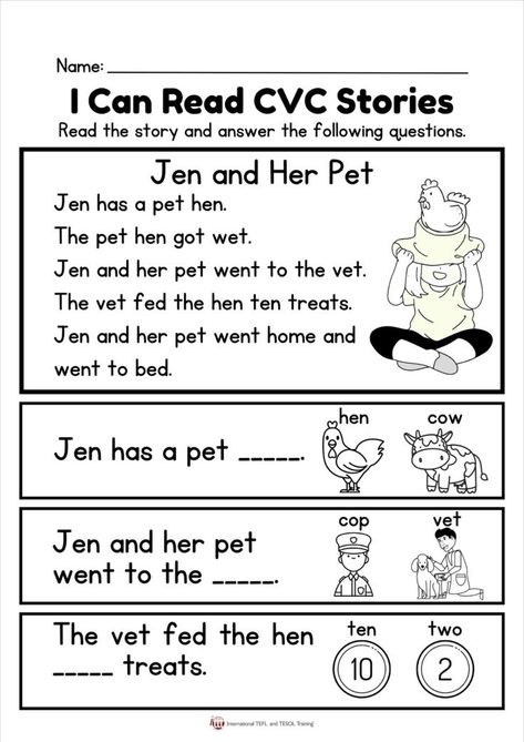 This is the perfect EFL worksheet for beginner readers. Students read the story and answer the reading comprehension questions. Phonics Worksheets First Grade Reading Comprehension, Cvc Stories, Phonics Reading Passages, Teach English Online, First Grade Reading Comprehension, Phonics Worksheets Free, Reading Comprehension For Kids, Esl Reading, Cvc Words Kindergarten