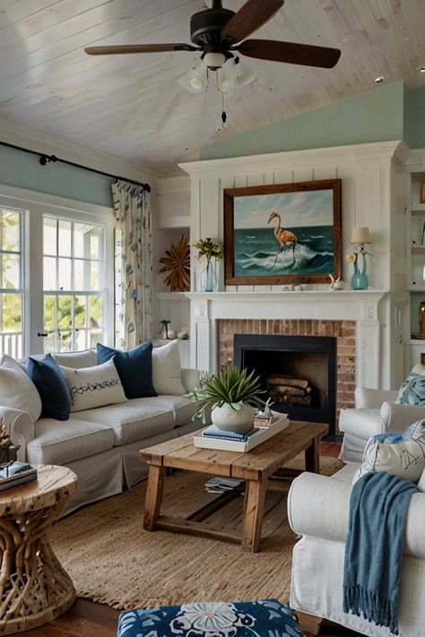 51 Coastal Living Room Ideas New England Style Living Room, Nantucket Living Room, Closet Offices, Coastal Living Rooms Ideas, Cozy Coastal Living Room, Lakehouse Living Room, Coastal Cottage Living Room, Coastal Living Room Ideas, Beachy Living Room