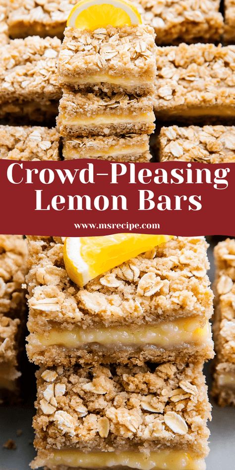 A crowd-pleasing dessert! These oatmeal lemon crumble bars are sweet, zesty, and guaranteed to disappear quickly at any gathering. Crumble Crust Recipe, Lemon Cream Bars, Lemon Crumble Bars, Lemon Crumble, Lemon Cream Cheese Bars, Oatmeal Crumble, Ms Recipes, Cheese Bars, Citrus Desserts