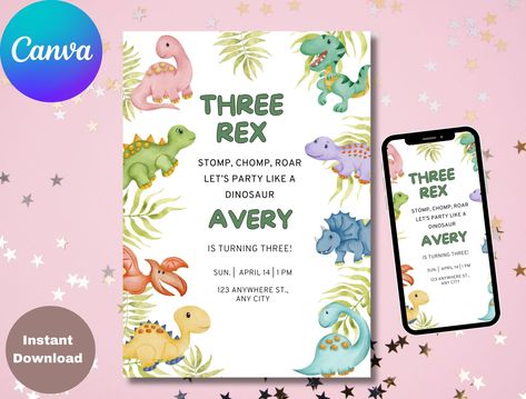 Boy Party Invitations, Dinosaur Invitations, Wild Safari, Dinosaur Birthday Invitations, Dinosaur First Birthday, Dinosaur Birthday, 3rd Birthday Parties, Editable Invitations, T Rex