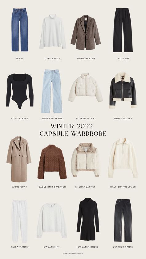 Winter Travel Outfit Capsule, Essential Winter Wardrobe, Basics For Winter Wardrobe, Winter Outfits Capsule Wardrobe 2023, Winter Staples For Women, Essentials For Winter Clothing, Korean Winter Capsule Wardrobe, Essential Winter Wardrobe Pieces, Canada Capsule Wardrobe