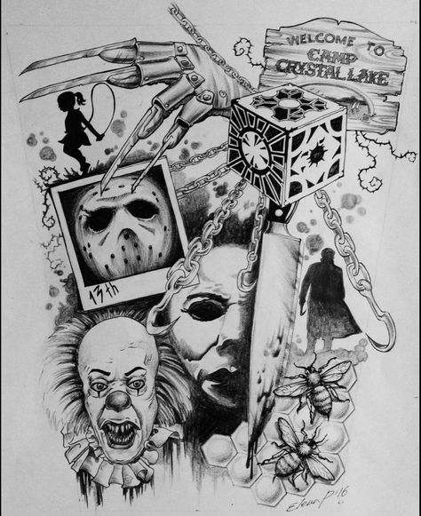 Classic Horror Tattoo, Horror Tattoo Designs, Horror Movie Tattoos, Horror Drawing, Movie Tattoo, Movie Tattoos, Tattoo Zeichnungen, Scary Tattoos, Theme Tattoo