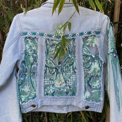 Refashioned Denim Jacket, Diy Embellished Jean Jacket, Repurpose Denim Jacket, How To Decorate A Jean Jacket, Recycled Denim Jackets Ideas, Repurpose Jean Jacket, Decorated Jean Jackets Diy, Upcycled Denim Jacket Altered Couture, Denim Jacket With Lace Inserts