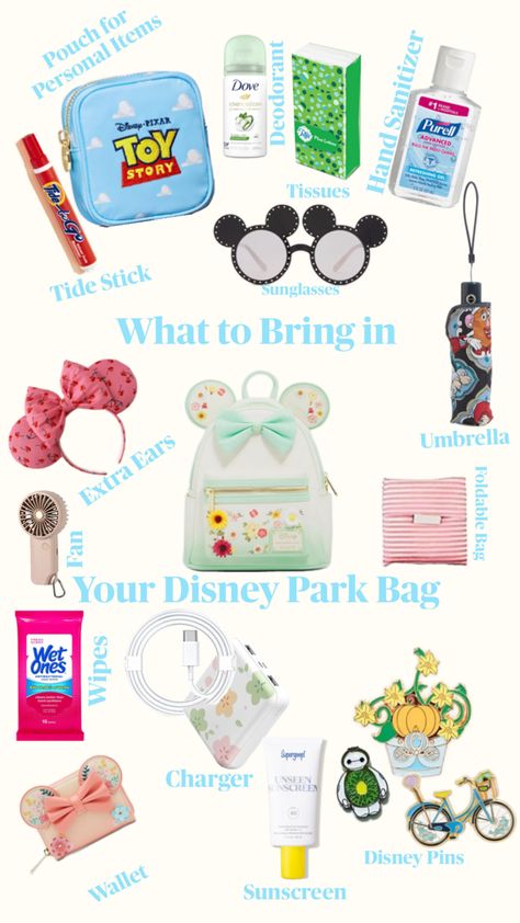 Stuff to bring in your bag to Disney Disney Park Bag, Disney Bag, Disney Park, What To Pack, Disney Parks, Disney World, Disney