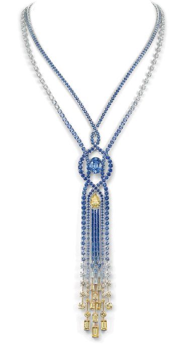 Chaumet Lumières d’Eau high jewellery necklace in white and yellow gold set with an oval-cut blue sapphire from Ceylon of 10.23ct, a pear-shaped VVS1 Fancy Yellow diamond of 3.77ct, blue and yellow sapphires, and diamonds. Bijoux Art Deco, High Jewellery, Fancy Yellow Diamond, Jewellery Necklace, Olivia Palermo, Sapphire Jewelry, Gems Jewelry, Gorgeous Jewelry, Gigi Hadid