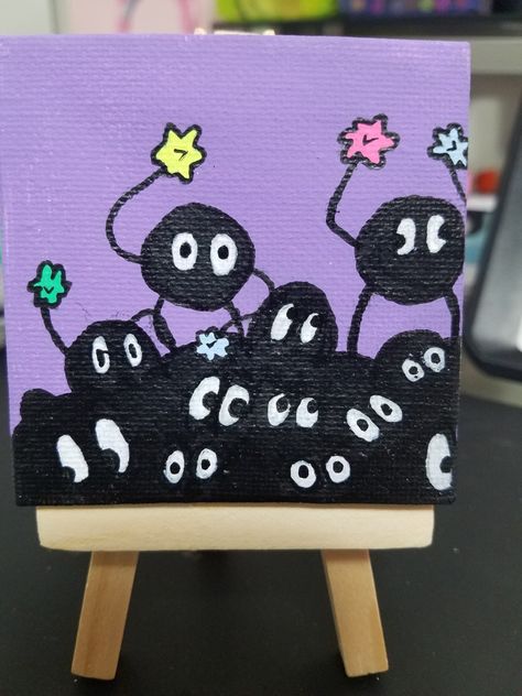 Cute Cartoon Paintings, Cute Paintings On Canvas Easy, Kawaii Paintings On Canvas, Small Canvas Ideas, Canvas Ideas Aesthetic, Cute Easy Paintings, Mini Toile, Soot Sprite, Long Painting