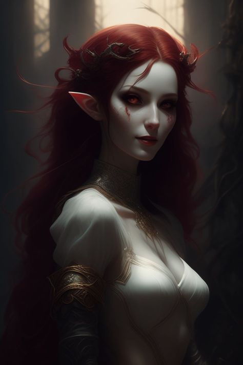 winged-oryx224: Beautiful elf witch smiling, full body shot, unsetling blank white eyes, long red hair, black lips, purple veins through the skin, translucent see-though skin, horror, dark fantasy, elegant, digital painting, sharp focus, illustration, d n d Drow Female Red Hair, Red Haired Witch, Red Hair Vampire, Red Hair Red Eyes, Red Hair Elf, Red Hair Pale Skin, Fairy Wings Aesthetic, Elf Witch, Red Purple Hair