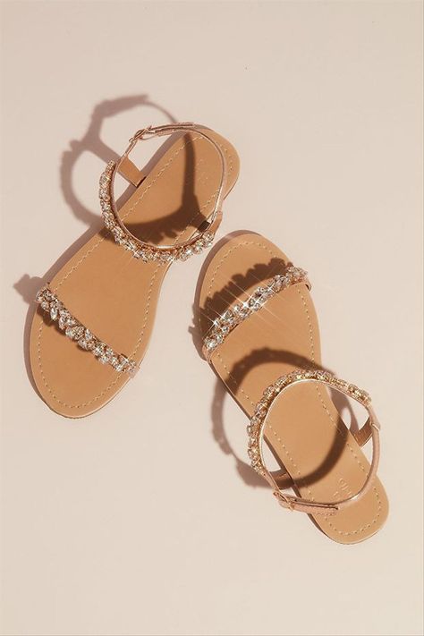 Embellished sandals for summer - simple wedding sandals- David’s Bridal marquise crystal sandals in rose gold, $30, David’s Bridal - Check out more summer sandals on WeddingWire! Bridal Flat Sandals, Fashion Sandals Flat, Flat Sandals Wedding, Kasut Wanita, Fancy Sandals, Beach Wedding Sandals, Pretty Sandals, Bridal Flats, Simple Sandals