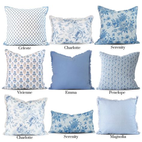 Our Blue Mix and Match pillow covers collection is part of our Easy-to-Style Collection. The Collection has been carefully designed to mix, match and layer beautifully together without ever being "matchymatchy". So create your own look with careless abandon because we have got you covered! We are inspired by vintage designs and patterns. We tirelessly research historic art from old wallpaper books, vintage homes and antique marketplaces. We add modern colors for the modern home and make the magi Patterned Sofa, Toile Pillow, Blue Floral Pillows, Pillows Blue, Throw Pillow Pattern, Toile Print, Floral Toile, Blue Pillows Decorative, Spring Pillows