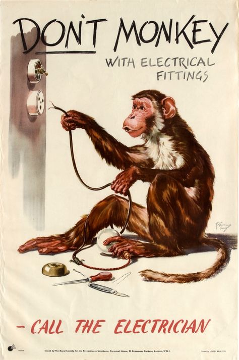 Monkey Electrician Electrical Fittings ROSPA 1950s - original vintage safety poster by F Kenwood Giles for the Royal Society for the Prevention of Accidents RoSPA - Don't monkey with electrical fittings Call the electrician - listed on AntikBar.co.uk #RoSPA @rospa #Electricity #Safety #AccidentPrevention #SafetyFirst #MonkeyDay Health And Safety Poster, Safety Posters, Electrical Fittings, Industrial Safety, Public Service Announcement, Royal Society, Electrical Safety, Workplace Safety, Propaganda Posters