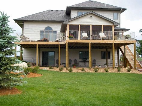 Walkout Basement Patio, Basement Patio, Deck Ceiling, Patio Under Decks, Curved Patio, Deck Remodel, Porch Landscaping, Low Deck, Patio Deck Designs