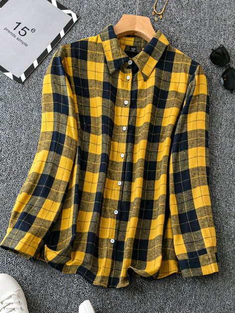 Yellow Casual Collar Long Sleeve Fabric Plaid Shirt Embellished Non-Stretch  Women Plus Clothing Fall Plaid Button-up Tops, Yellow Plaid Shirt, Fall Patchwork Button-up Flannel Shirt, Classic Gingham Button-up Flannel Shirt, Retro Plaid Button-up Flannel Shirt, Button Front Shirt, Plaid Shirt, Plus Clothing, Plaid