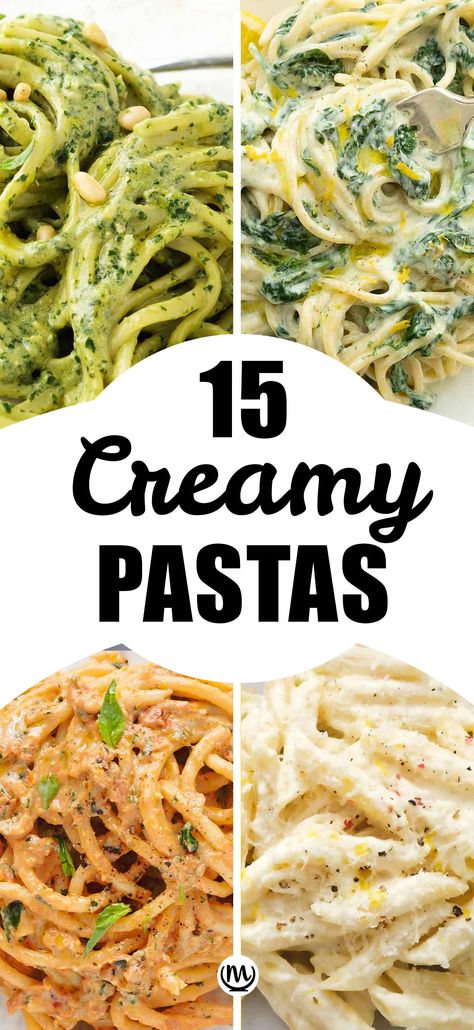 Close-up of four different creamy pasta recipes. Meat Pasta Recipes, Cheap Pasta Recipes, Top Dinner Recipes, Types Of Pasta, Quick Pasta Recipes, Creamy Pasta Recipes, Easy Pasta Dinner, Quick Pasta, Pasta Side Dishes