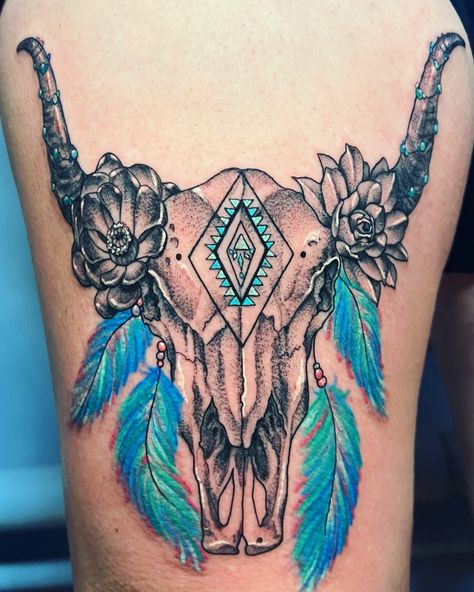 Bull Skull Mandala Tattoo, Western Tattoos With Turquoise, Boho Skull Tattoo, Rancher Tattoo Ideas, Western Side Tattoo, Western Theme Tattoo Sleeve Women, Western Turquoise Tattoo, Thigh Tattoos Women Cover Up, Western Tramp Stamp Tattoos