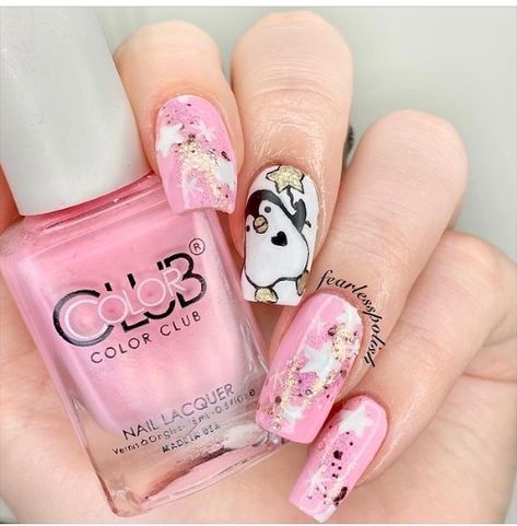 Nails For The Holidays, Penguin Nails, Snowflake Nail Design, Blue Chrome Nails, Pink Penguin, Plum Nails, Chrome Nail Polish, Gold Glitter Nails, Black Nail Polish