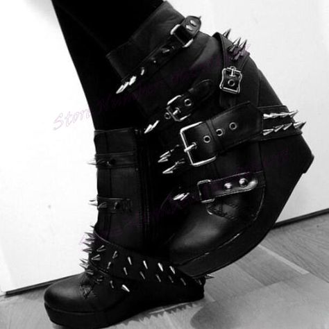 Black Strappy Rivet Wedges Heels Ankel Boots Round Toe Shoes for Women Matte Leather Punk Style Goth Boots, Goth Shoes, Punk Shoes, Gothic Shoes, Black High Heels, Crazy Shoes, Dream Shoes, Nike Outfits, Goth Fashion