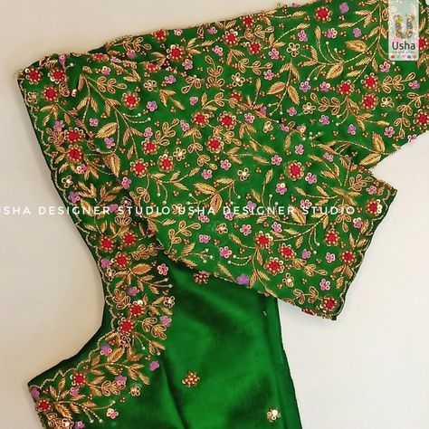 Maggam Work Designs For Green Blouse, All Over Maggam Work Designs For Blouse, Magam Work On Pattu Blouse, Magamwork Blouse Designs, Customized Saree Designs, Green Blouse Aari Work Designs Bridal, Magam Designs For Blouse, Engagement Maggam Work Blouse Designs, All Over Blouse Work Designs