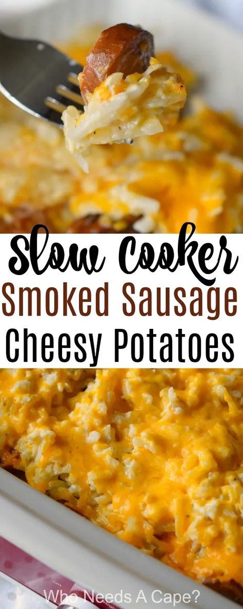 A delicious casserole made in your crockpot? Yes, please! Slow Cooker Smoked Sausage Cheesy Potatoes is a hearty & delicious meal perfect for parties! Breakfast Crockpot, Smoked Sausages, Sausage Crockpot, Smoked Sausage Recipes, Crock Pot Potatoes, Pot Recipes Healthy, Cheesy Potato, Pot Recipes Easy, Crockpot Recipes Beef