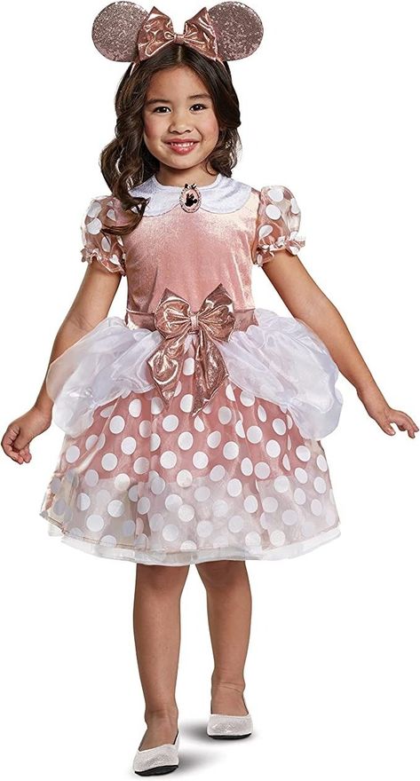 Product includes: dress with character cameo and character headband. This rose Gold Minnie Mouse dress features a felt bodice and cute glittery white polka dotted skirt. Minnie Mouse cameo gives a cute detail to the collar Rose Gold sequined Minnie Mouse ears complete this look. Disney Fancy Dress, Minnie Costume, Toddler Costumes Girl, Disney Princess Costumes, Minnie Mouse Costume, Mouse Costume, Minnie Mouse Dress, Sticky Fingers, Fancy Dress Up