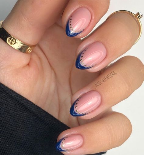 Cool French Manicure, Navy French Tips, Manicure Ideas French, Long Nail Art Designs, Y2k Nail Art, Blue Gold Nails, French Manicure Ideas, Y2k Nail, Hoco Nails