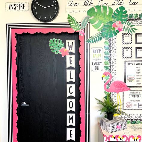 Tropical Classroom Door Decor, Flamingo Classroom Door, Tropical Hallway, Flamingo Classroom Theme, Flamingo Classroom, Rainforest Classroom, Flamingo Room, Tropical Classroom, Teaching Classroom Decor