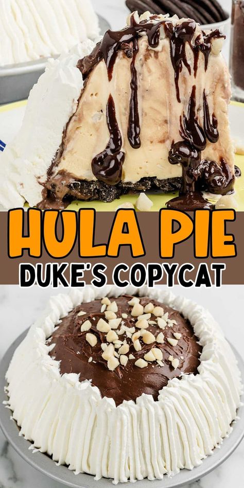 Hula Pie is a homemade copycat of the famous frozen treat from Hawaii. Easy to prepare with an Oreo crust filled with ice cream and crowned with fudge topping and macadamia nuts, without a pricy plane ticket to the tropics! #pie #hulapie #dukespie #dessert #easydessert Hula Pie Recipe, Hula Pie, Easy Ice Cream Cake, Chocolate Fudge Sauce, Easy Ice Cream Recipe, Pinky Girl, Oreo Cookie Crust, Easy Ice Cream, Oreo Recipes