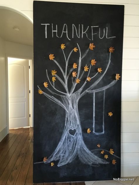 DIY BIG chalkboard thankful tree| NoBiggie.net and how to make waxed leaves Thankful Tree Bulletin Board, Waxed Leaves, Big Chalkboard, Chalkboard Art Diy, Fall Chalkboard, Make A Chalkboard, Chalkboard Doodles, Whiteboard Art, Blackboard Art