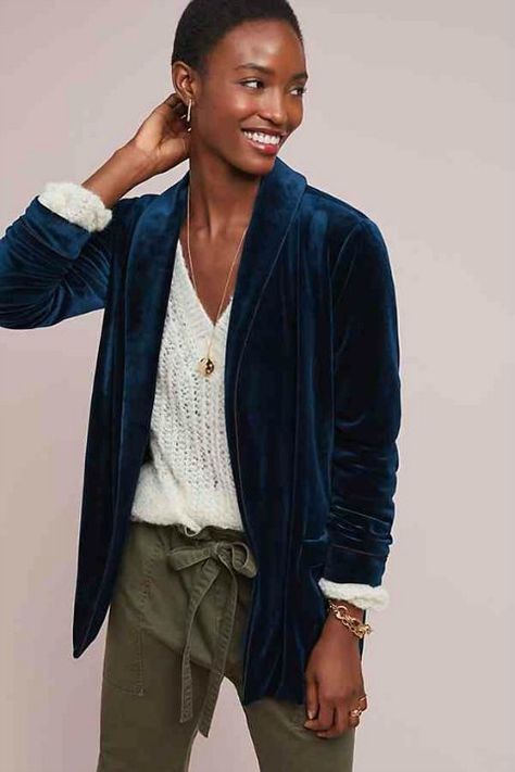 Casual Luxe: This Season’s Velvet Velvet Jacket Outfit, Velvet Blazer Outfit, Blue Velvet Jacket, Blue Velvet Blazer, Sparkly Fashion, Casual Luxe, Trendy Swimwear, Velvet Blazer, Velvet Jacket